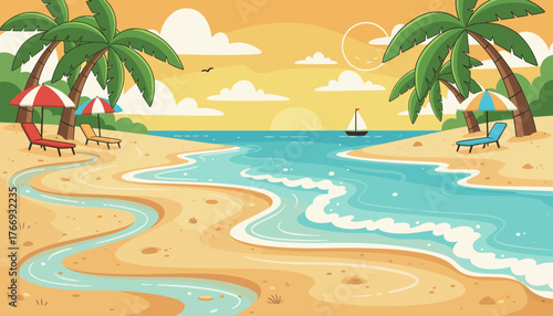 Vibrant cartoon illustration of a tropical beach scene at sunset, featuring palm trees, lounge chairs, umbrellas, a sailboat on the ocean, and gentle waves lapping the shore, evoking a sense of