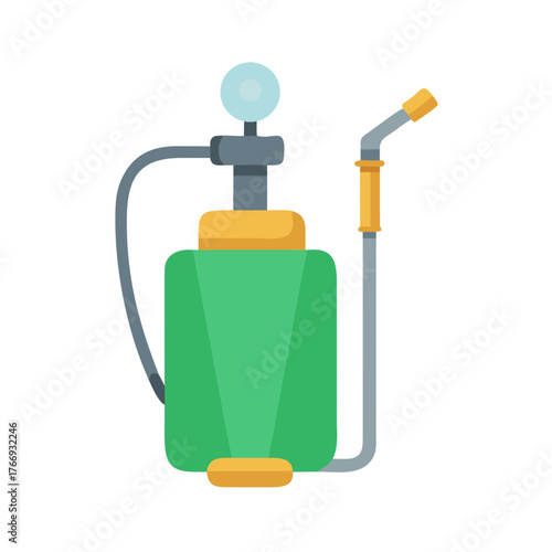 Isolated green garden sprayer with hose and nozzle against a black background