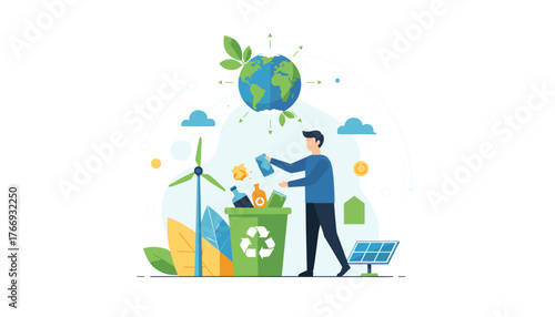 Vivid illustration of a person recycling waste into a green bin with the recycling symbol, surrounded by elements of renewable energy like a wind turbine and solar panel, symbolizing environmental