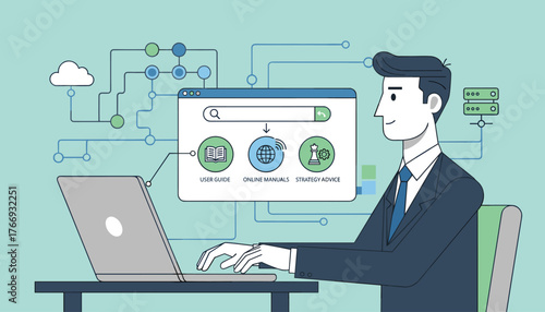 Modern flat illustration of a businessman using a laptop, interacting with a digital interface featuring icons for user guide, online manuals, and strategy advice, representing online learning and