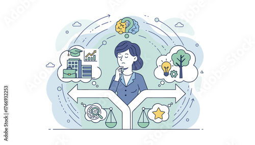 Thoughtful woman contemplating a difficult decision, weighing career paths with symbols of business, education, and environmental sustainability, representing choice and future planning.