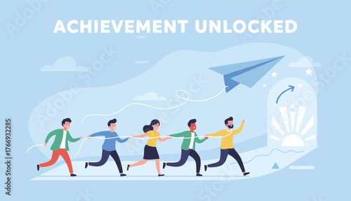Vector illustration of achievement concept, a team of diverse people running together, pulling a rope towards a bright sunrise symbolizing success and unlocked potential, with a paper airplane