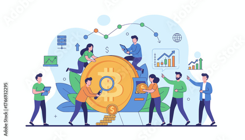 Vibrant flat illustration depicting a team of diverse individuals collaborating around a giant golden Bitcoin symbol, surrounded by financial charts, graphs, and digital currency elements