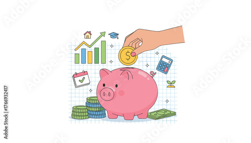 A woman's hand is depicted dropping a gold coin with a dollar sign into a pink piggy bank, symbolizing savings and financial growth, surrounded by icons of a growing bar chart, a house, a graduation