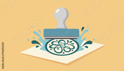 Modern flat vector cartoon illustration of a blue rubber stamp with a decorative teal pattern being pressed onto a sheet of paper, with splashes of blue ink or water around it, against a warm yellow
