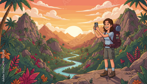 Young female traveler with a backpack enthusiastically taking a photo with her smartphone at a breathtaking natural landscape, capturing the moment of adventure and exploration during her journey.