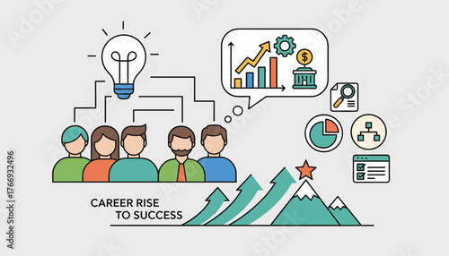 Illustrative flat design concept of career rise to success, featuring a diverse group of people characters brainstorming ideas under a glowing lightbulb, with upward trending graphs, financial icons