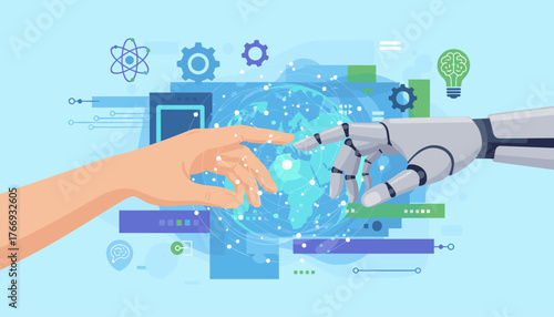 Futuristic concept of artificial intelligence and human collaboration, with a robot hand and a human hand reaching out to touch each other over a glowing digital globe, symbolizing the integration of
