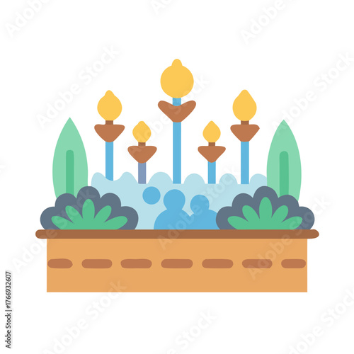 Flat vector illustration of a flower bed with plants and flower stems