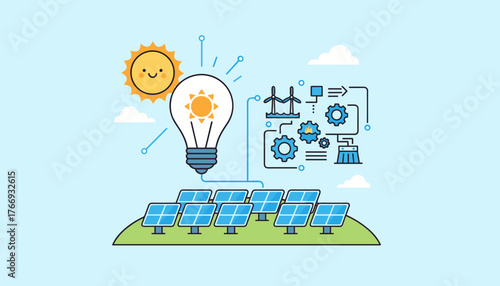 Vibrant illustration showcasing the concept of alternative and renewable energy sources, featuring a smiling sun, solar panels, a lightbulb with a sun inside, wind turbines, and a system of gears and