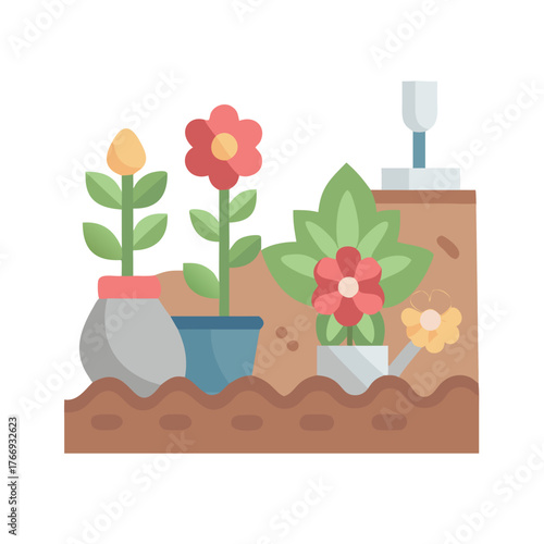 Flat illustration of potted flowers and gardening tools arranged in a garden bed
