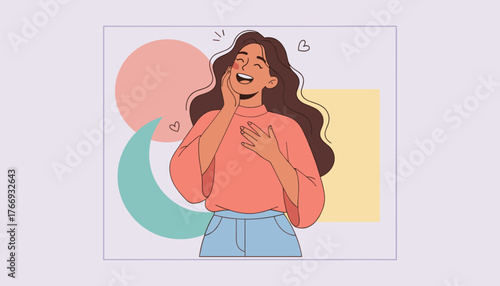 Joyful young woman with long wavy brown hair, wearing a coral pink top and blue jeans, laughing with her eyes closed and touching her cheek and chest, surrounded by abstract shapes like a pink