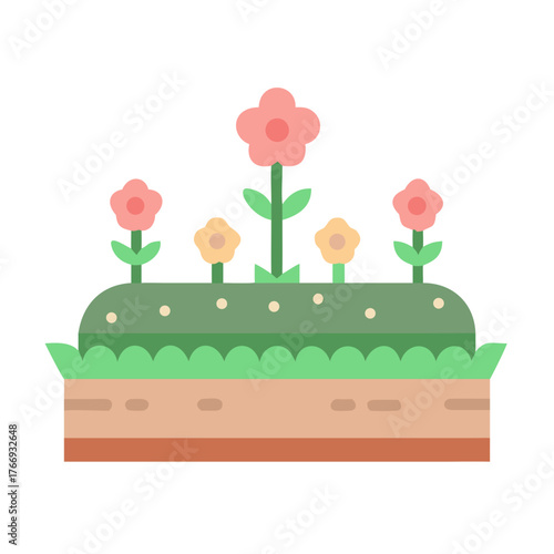 A charming flower bed illustration with simple shapes and contrasting colors