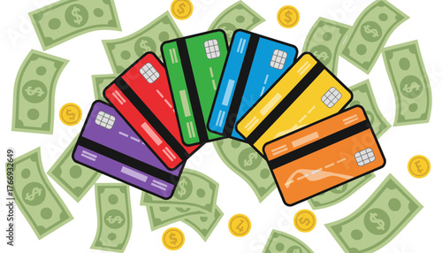 Vibrant assortment of colorful credit cards fanned out on a background of falling US dollar bills and gold coins, symbolizing financial transactions, payments, and wealth.