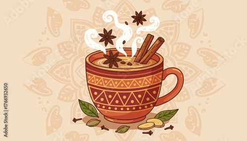 Aromatic Masala Chai Tea in a Decorative Cup, Steaming Hot with Star Anise, Cinnamon Sticks, Cardamom, Cloves, and Ginger Slices, Evoking Warmth and Comfort, Perfect for Cozy Mornings or Relaxing