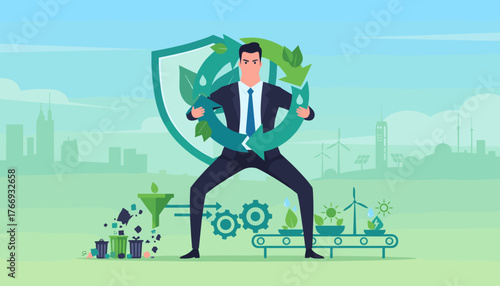 Dynamic businessman in a suit actively protects the bio-circular green economy, symbolizing sustainability and environmental responsibility with recycling arrows and a shield, against a cityscape