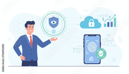 Businessman presenting a digital identity verification system featuring fingerprint scanning on a smartphone, cloud security, and financial growth charts, symbolizing modern data protection and