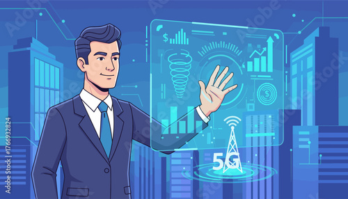 A professional businessman in a suit interacts with a futuristic holographic interface displaying financial charts, data visualizations, and a 5G tower icon, set against a backdrop of modern city