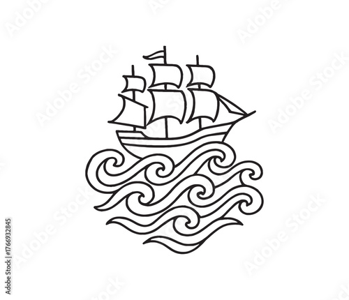 Elegant Monochrome Illustration of a Sailing Ship Adrift on Stylized Waves, Evoking Nautical Themes and Maritime Adventure