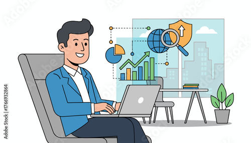 A smiling businessman in a blue suit sits comfortably in a grey office chair, actively working on a laptop displaying a vibrant SEO analytics screen with charts, graphs, and a magnifying glass over a
