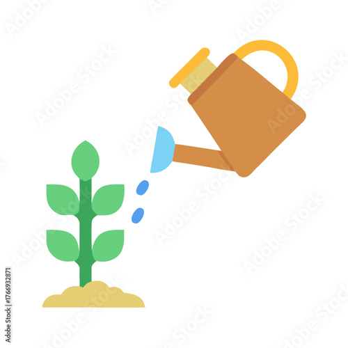Watering can irrigating a green plant with light blue droplets on black background