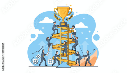 Vibrant illustration of a diverse team of business professionals collaborating to climb a golden ladder towards a prestigious trophy, symbolizing teamwork, success, and achieving goals in a dynamic