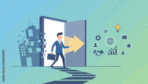 A businessman in a suit walks through an open door, leaving behind a dissolving cityscape and stepping onto a path leading towards a bright future symbolized by an arrow and various business icons