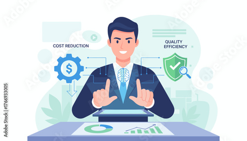 Business concept of cost reduction and quality efficiency, with a man in a suit interacting with a digital interface showing a brain, gear with dollar sign, and a shield with a checkmark