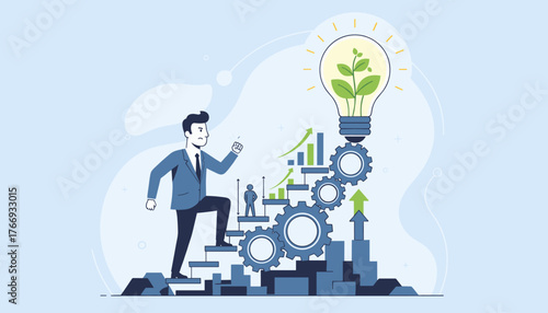 Businessman climbing stairs towards a bright idea lightbulb with growing plant and gears symbolizing progress, innovation, and business success, representing growth, strategy, and achievement in a