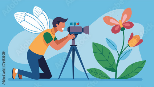A videographer captures footage of a butterfly gracefully landing on a flower adding it to their portfolio of nature videos.. Vector illustration