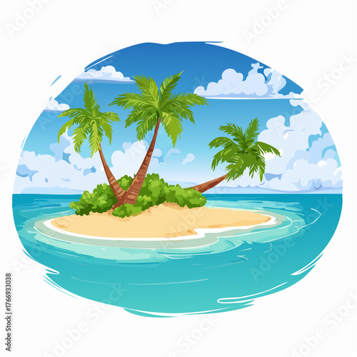 Scenic vista of a tropical atoll with clear waters and sandy shores under a bright blue sky