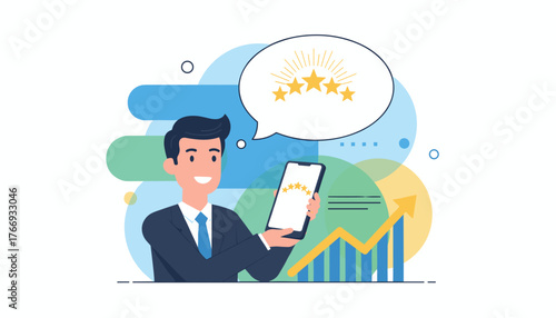 A smiling businessman in a suit holds a smartphone displaying a five-star rating, with a thought bubble above showing the same excellent customer experience, symbolizing positive feedback and service