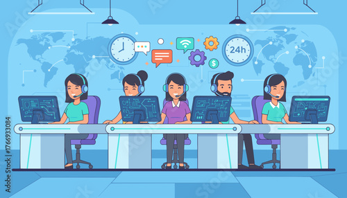 Diverse team of customer service operators working in a modern call center, wearing headsets and looking at computer screens displaying data, with a world map and 24-hour service icons in the