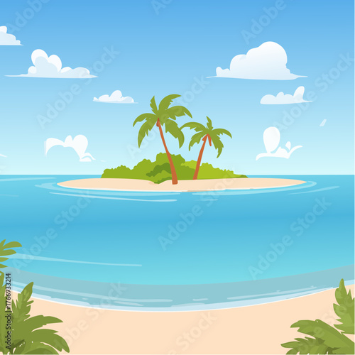 Scenic vista of a tropical atoll with clear waters and sandy shores under a bright blue sky