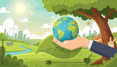Vibrant illustration of Earth Day concept, showcasing a hand gently holding the planet Earth on a large green leaf, symbolizing environmental protection and sustainability, with a cityscape featuring