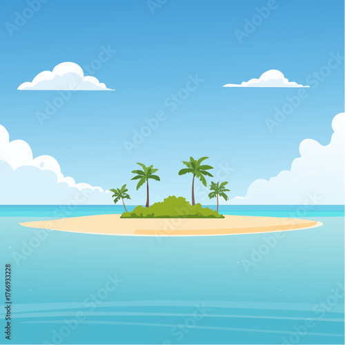 Scenic vista of a tropical atoll with clear waters and sandy shores under a bright blue sky