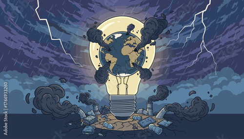 Conceptual illustration of a damaged Earth encased within a glowing light bulb, emitting dark smoke, set against a stormy sky with lightning and rain, symbolizing environmental pollution and climate