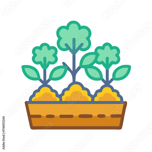 Cartoon flowerbed with young plants in a pot against a black background