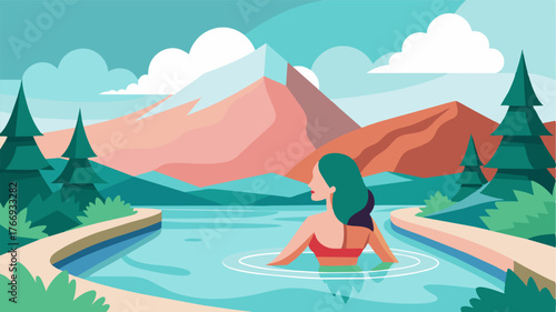 A woman taking a break from her work to enjoy a refreshing dip in a natural spring pool surrounded by beautiful mountain views at a secluded spa retreat.. Vector illustration