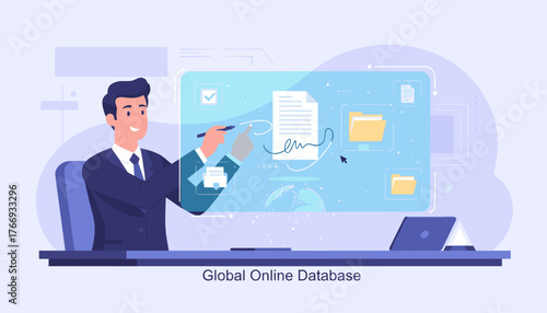 Modern businessman signing an electronic document on a digital screen, representing a paperless office concept with global online database and digital file management, symbolizing efficiency and
