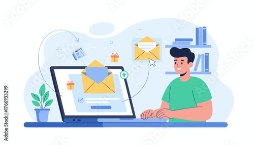 Flat illustration of a man using a laptop for email marketing, subscribing to a newsletter, receiving notifications, and engaging with digital communication, symbolizing online business and