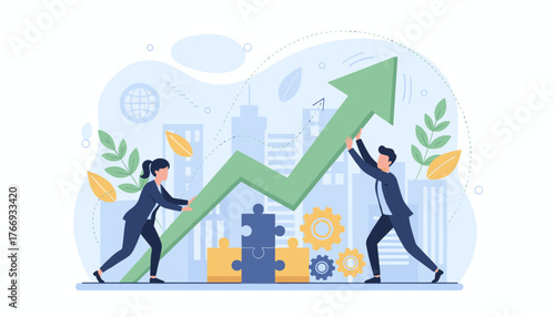 Vibrant illustration of a business team collaborating to push a green upward trending arrow, symbolizing growth strategy and success, with puzzle pieces and gears in the foreground and city skyline