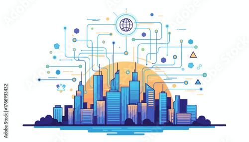 Vibrant abstract illustration of a futuristic cityscape with interconnected digital network lines and nodes, symbolizing global data exchange and smart city technology against a warm sunset backdrop.