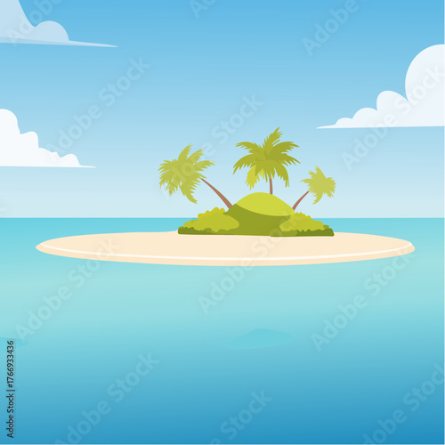 Scenic vista of a tropical atoll with clear waters and sandy shores under a bright blue sky