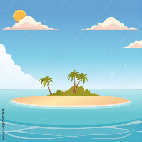 Scenic vista of a tropical atoll with clear waters and sandy shores under a bright blue sky