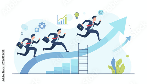 Dynamic illustration of businessmen in suits running up a rising arrow graph, symbolizing career growth, business strategy, development, and success, with elements like gears, lightbulb, and crown
