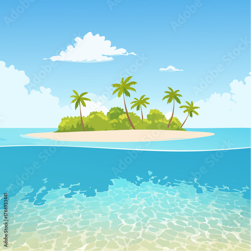 Scenic vista of a tropical atoll with clear waters and sandy shores under a bright blue sky