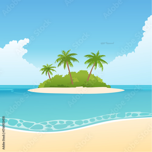 Scenic vista of a tropical atoll with clear waters and sandy shores under a bright blue sky