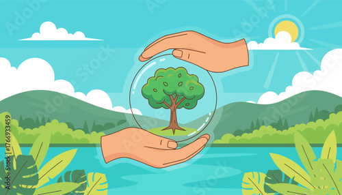 Hands gently cradle a vibrant green tree encased in a protective bubble, symbolizing environmental conservation and the delicate balance of nature against a backdrop of lush tropical foliage, a