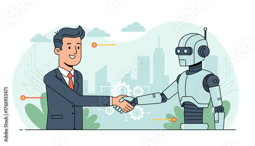 A modern flat vector illustration depicts a handshake between a businessman in a suit and a friendly robot, symbolizing the integration of artificial intelligence and human collaboration in a